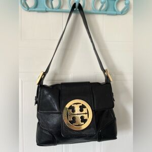 Tory Burch Vintage Black Leather Shoulder Bag with large logo